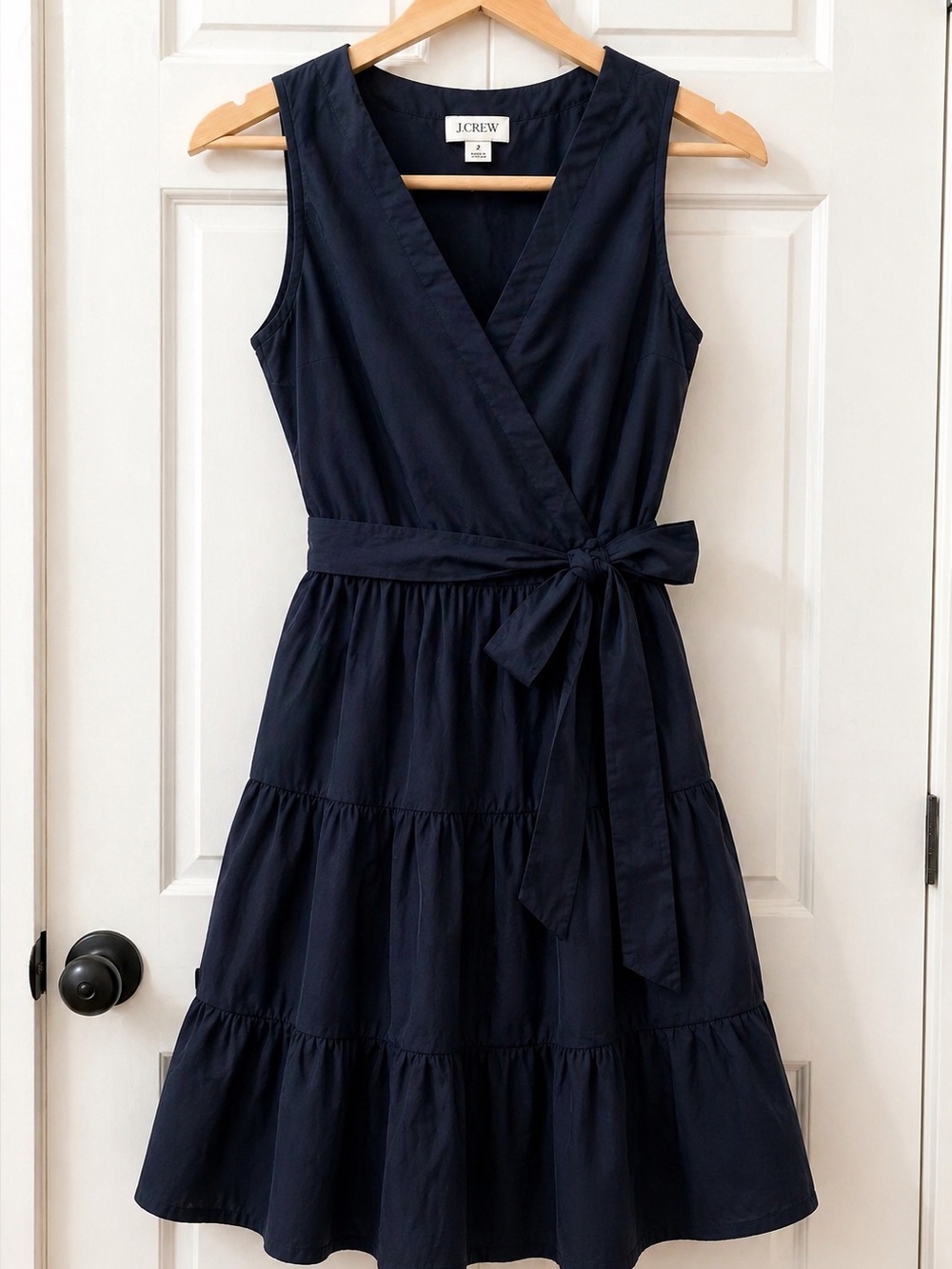 J.Crew Navy Faux Wrap Tiered Dress Tie Waist V-Neck Size 2 - Picture 5 of 14